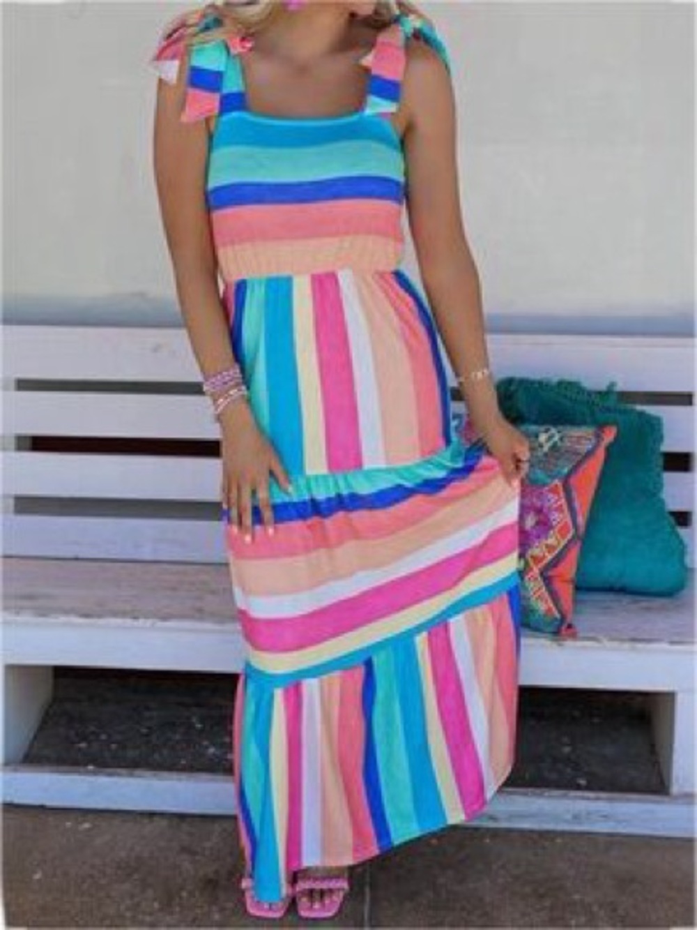 BiBi Multi-Color Striped Tie-Shoulder Maxi Dress